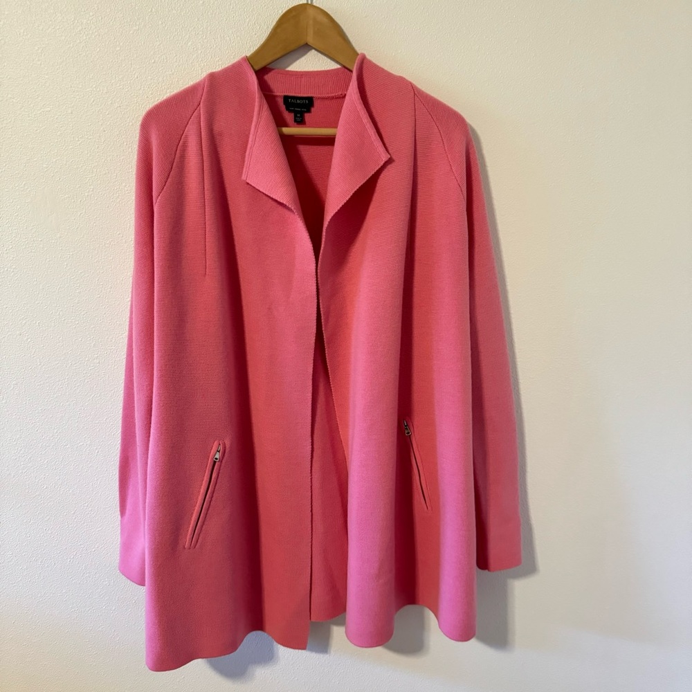 Talbots Merino Wool Longline Open Knit Sweater Cardigan Blazer Bubblegum Pink-M